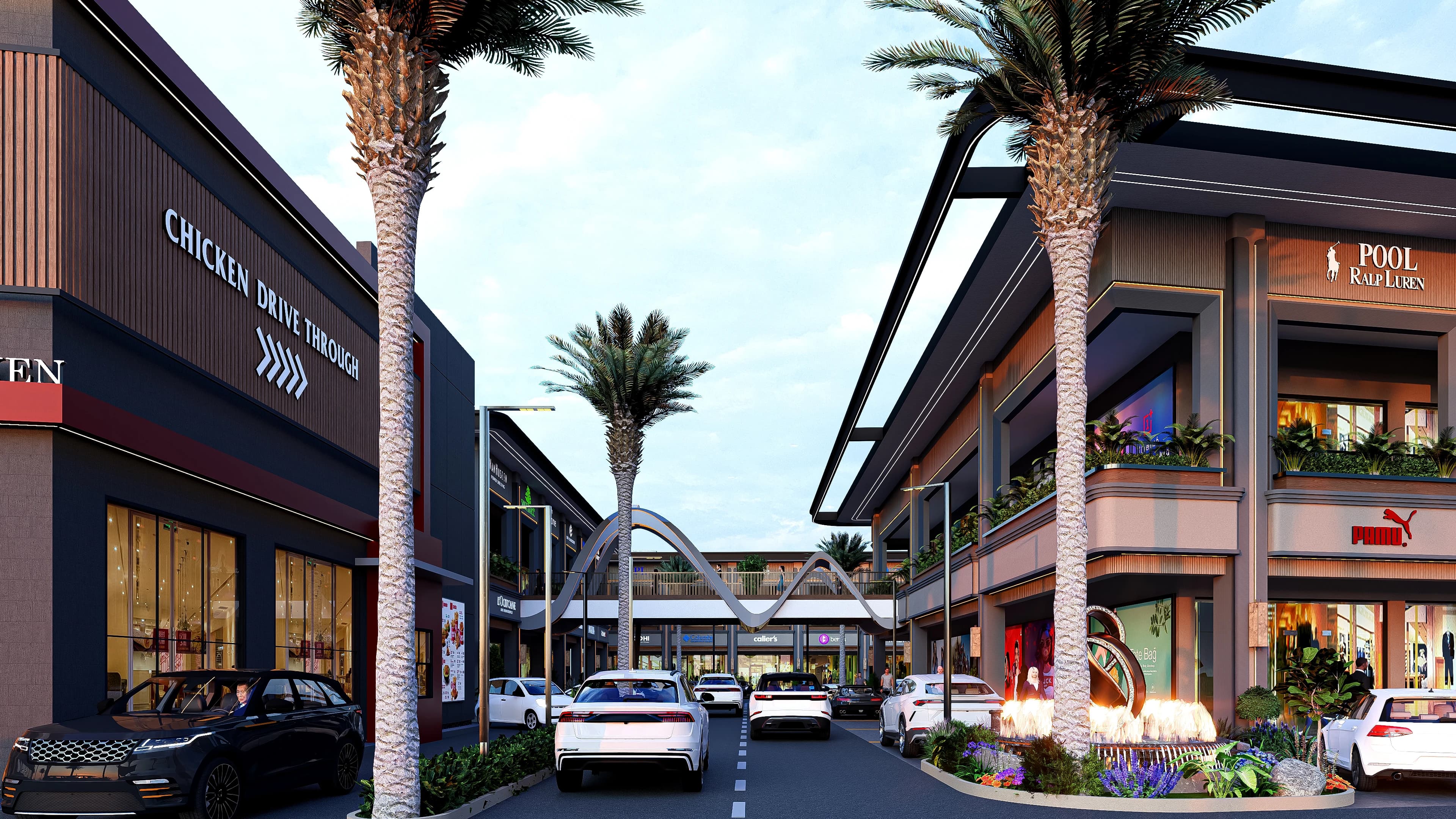 High-rise glass commercial towers with blue architectural lighting.
