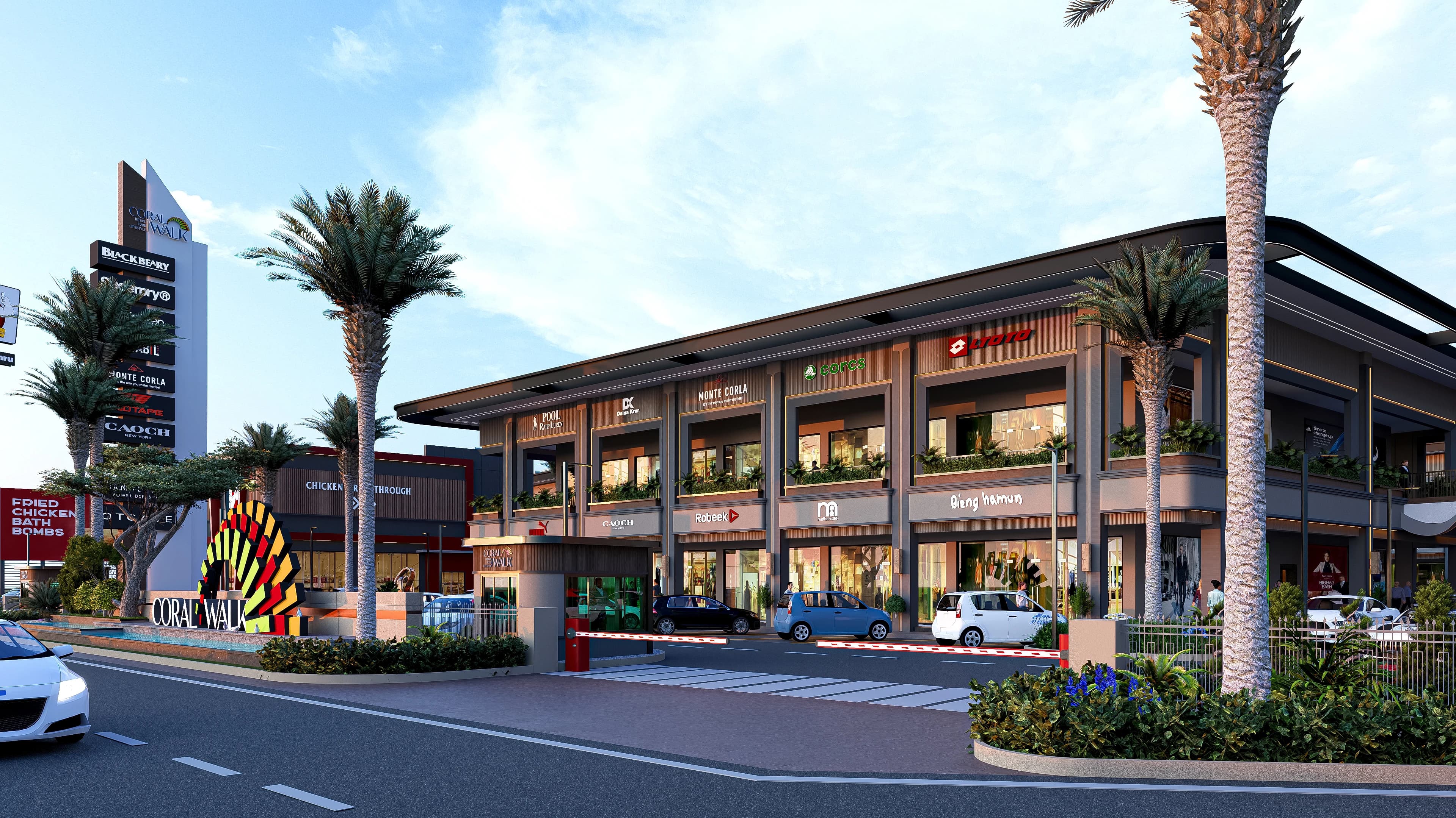 Luxury gated township avenue lined with upscale villas and landscaped streets.