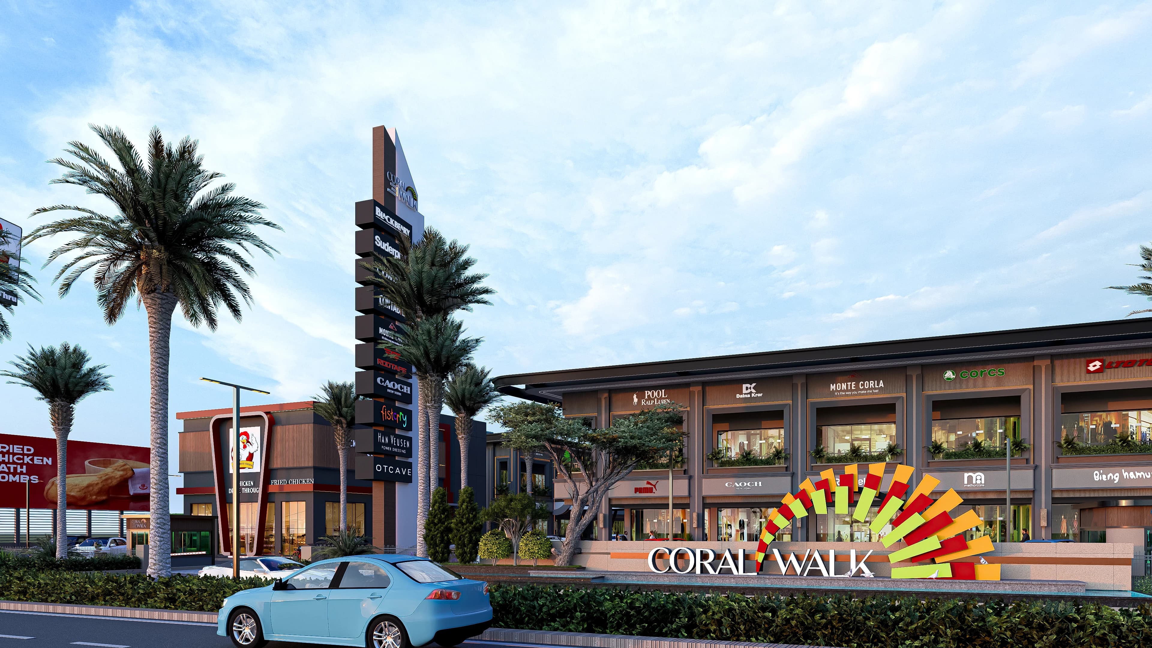 Modern commercial plaza with illuminated storefronts and pedestrian-friendly frontage.